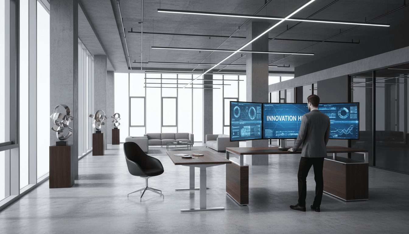 Professional working at a multi-monitor setup in a modern tech office environment