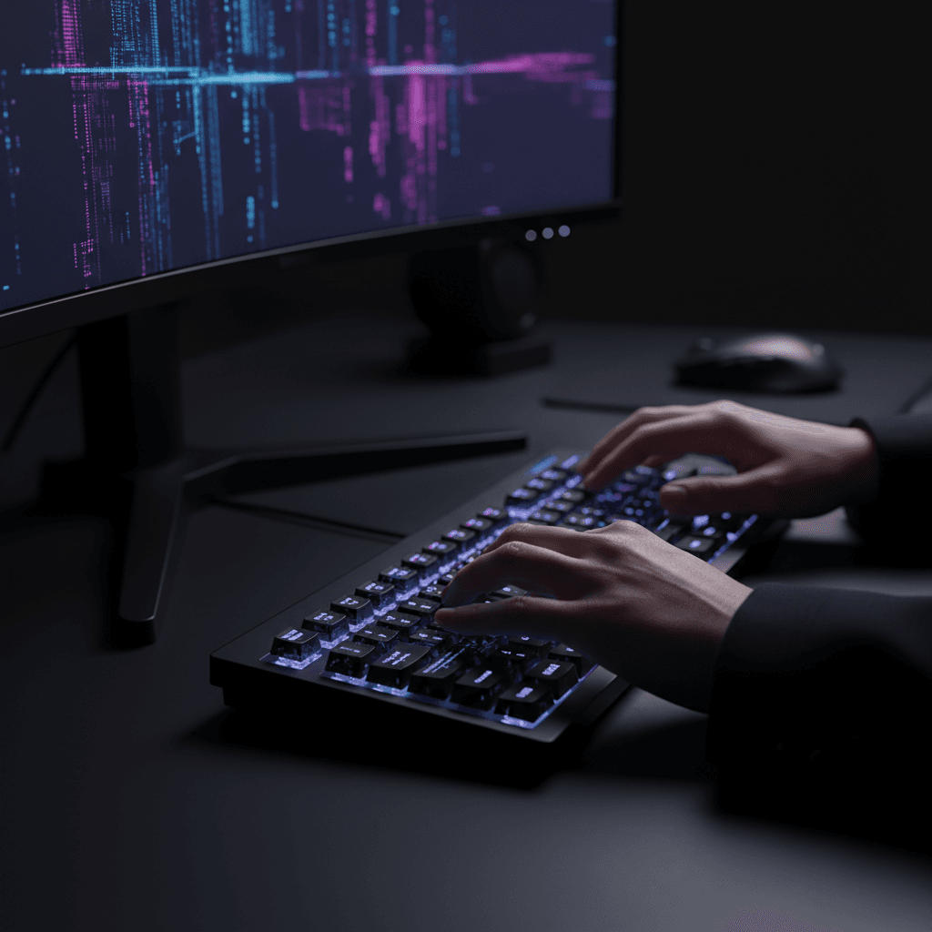 Hands working at a modern tech workspace keyboard with data visualizations