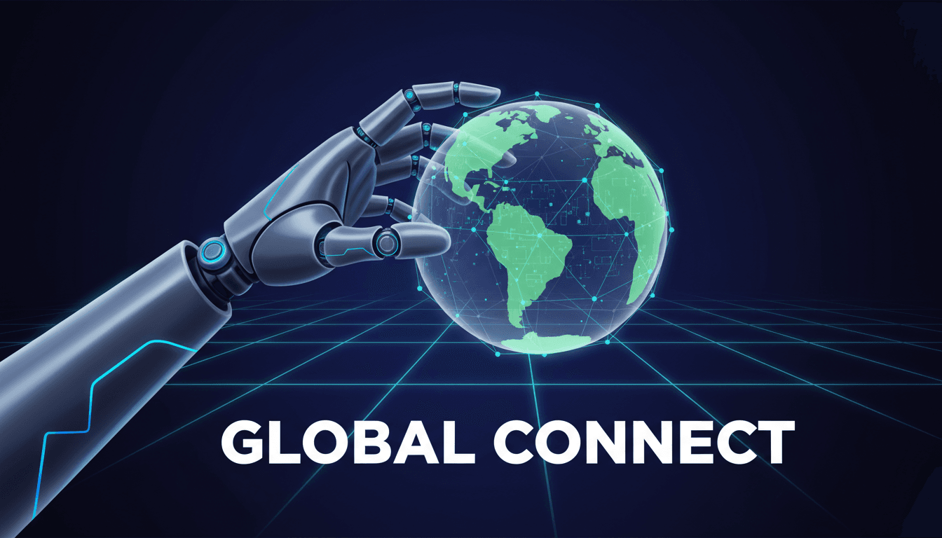 Robotic arm interacting with globe on dark futuristic background.